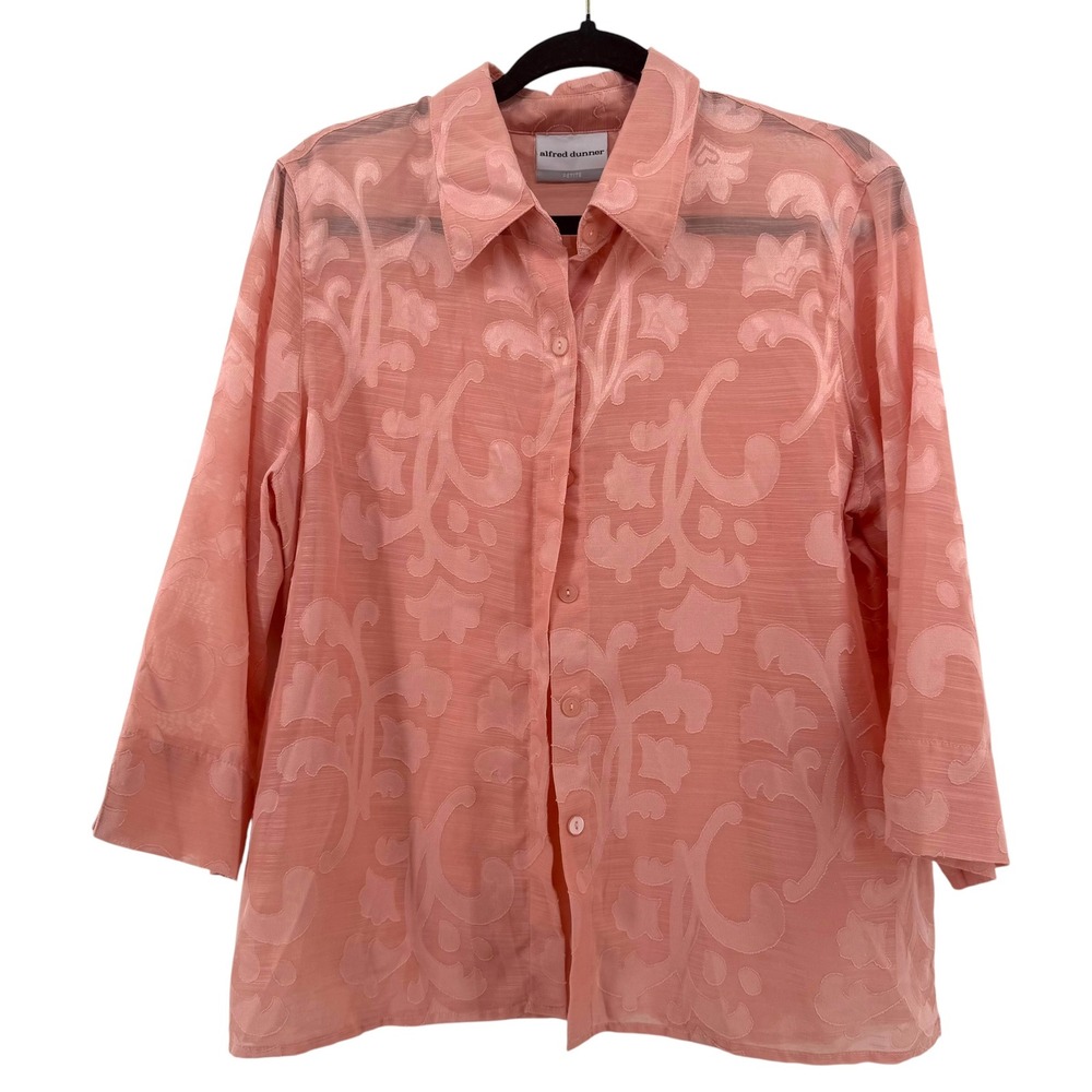 Alfred Dunner Coral Pink Damask Burnout Button Up Blouse Petite 14P 3/4 Sleeve